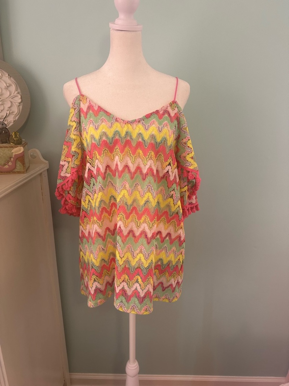 Va Va Voom Pink Yellow Green Multicolor Chevron Cold-Shoulder Camisole